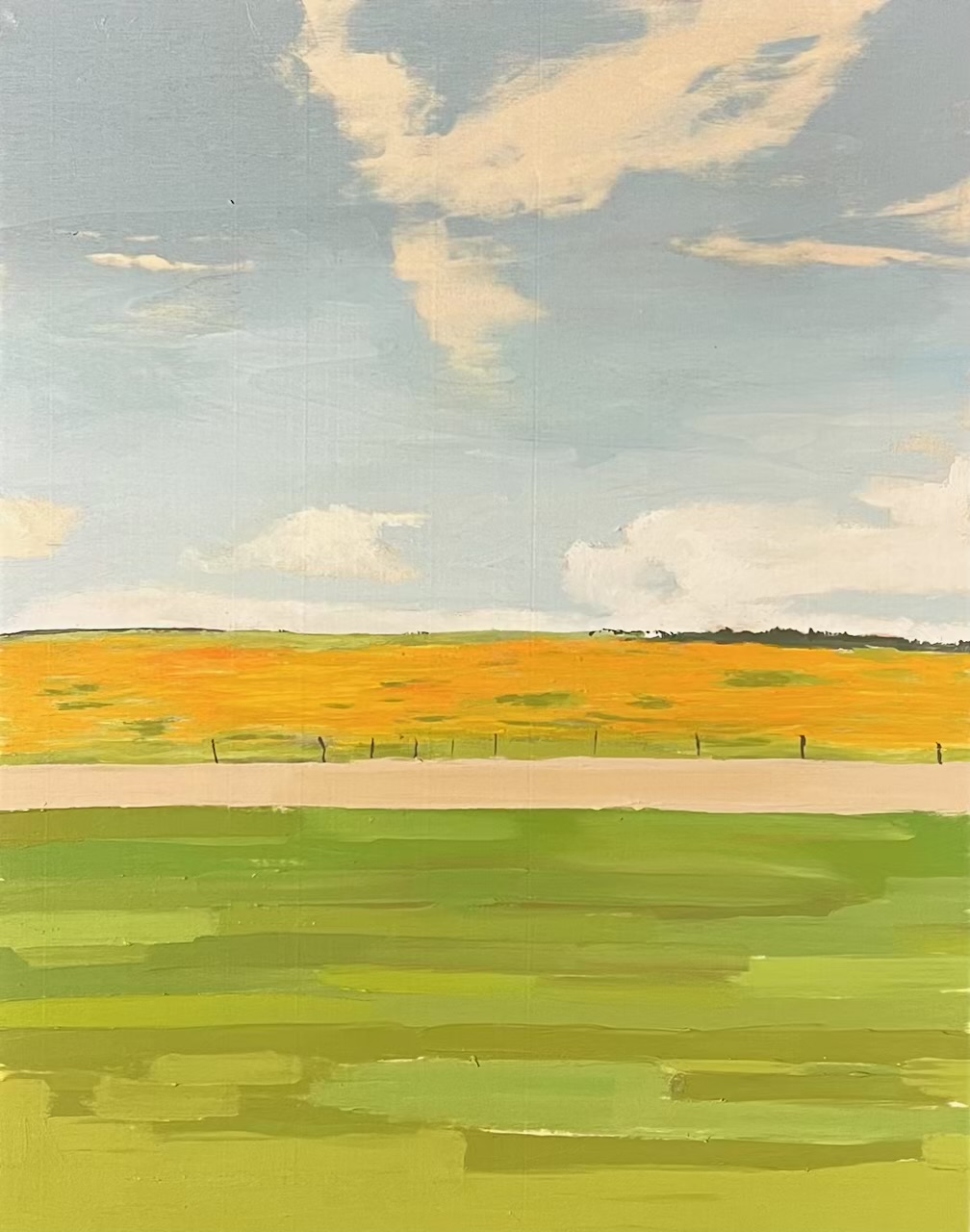 Bright acrylic landscape painting of a yellow flowering field under a tall summer sky
