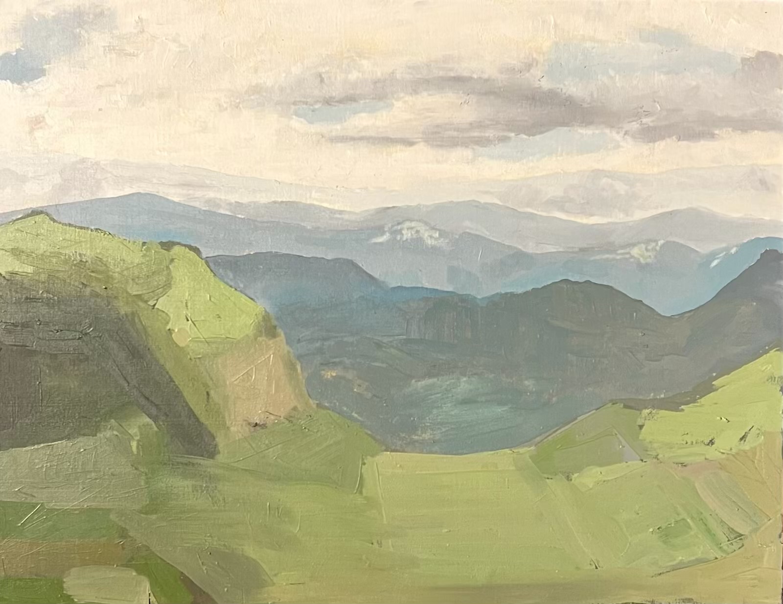Oil landscape painting of green valley hillsides receding into blue distance under low cloud