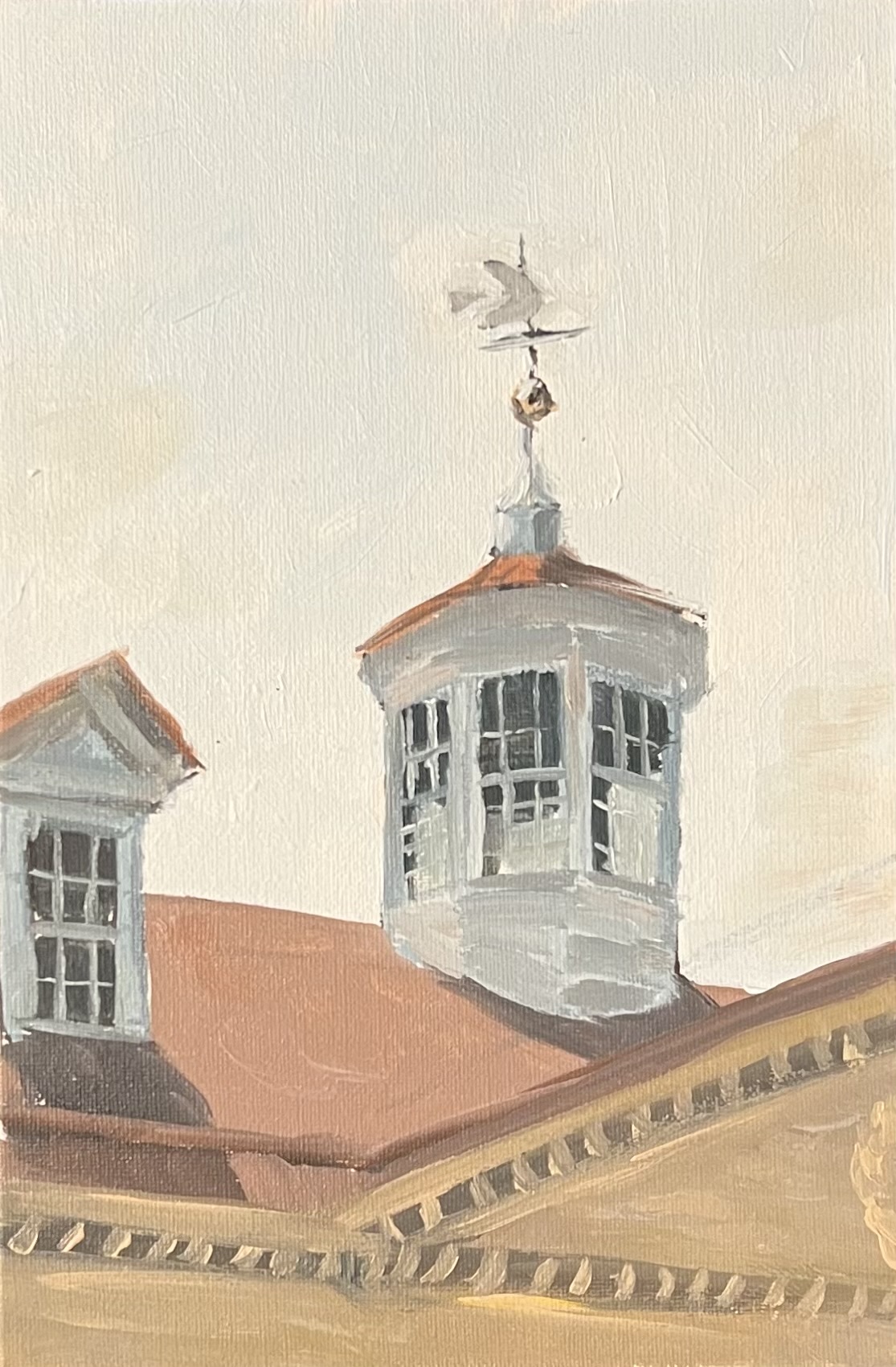 Oil painting of a cupola and weathervane above terracotta rooftops against a pale warm sky